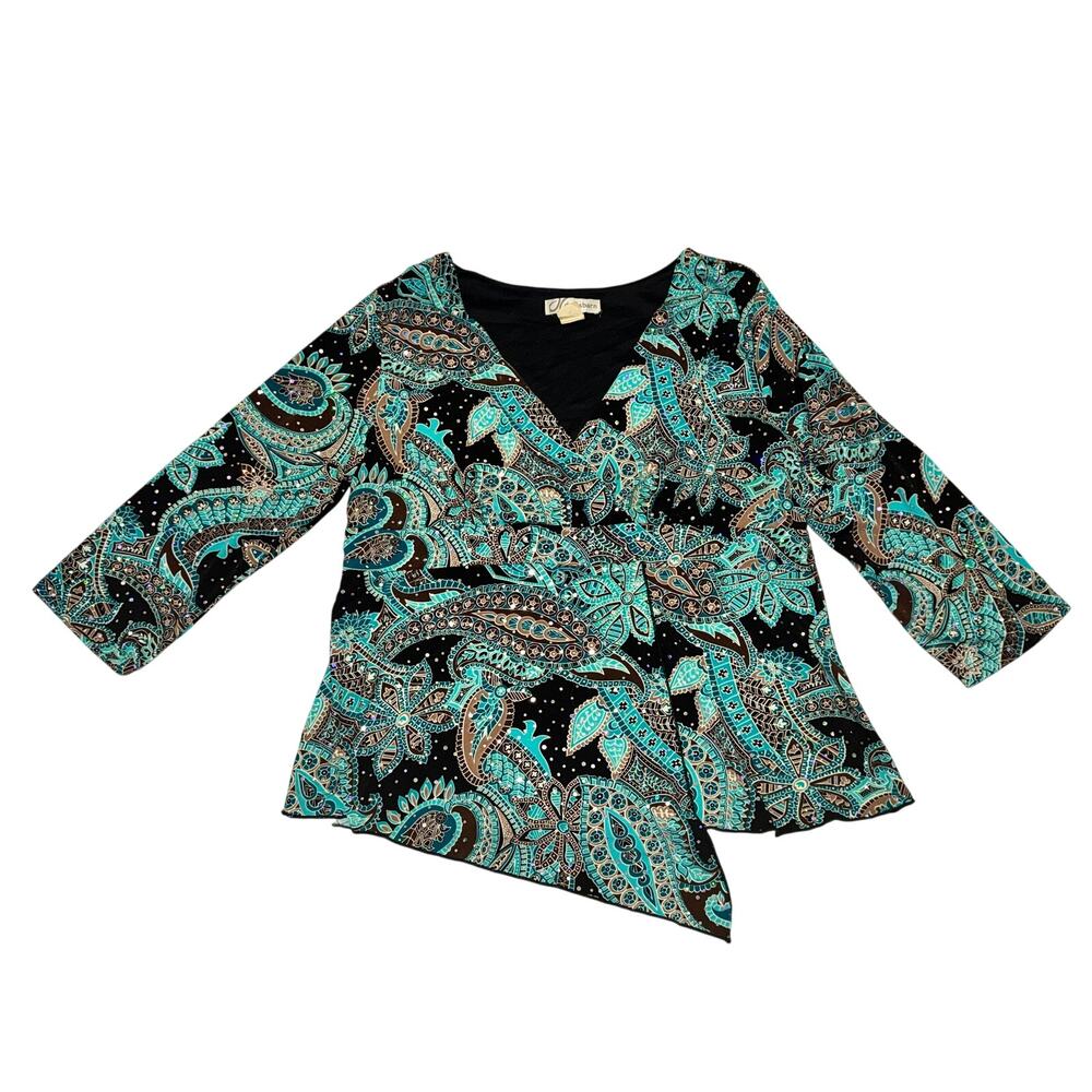 Vtg Y2K Dressbarn Faux Wrap Blouse Womens Sz XL Green Sparkle Paisley 3/4 Sleeve